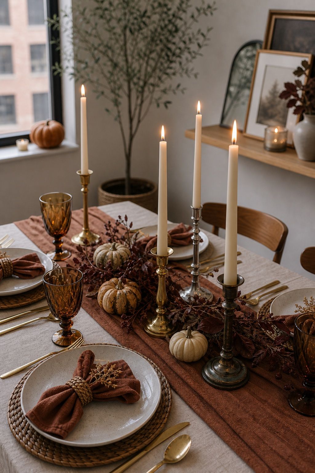 Tall Taper Candles in Mixed Metal Holders small apartment idea for Top 17 Elegant Table Setting Thanksgiving Decorations to Wow Your Guests for Small Apartments.