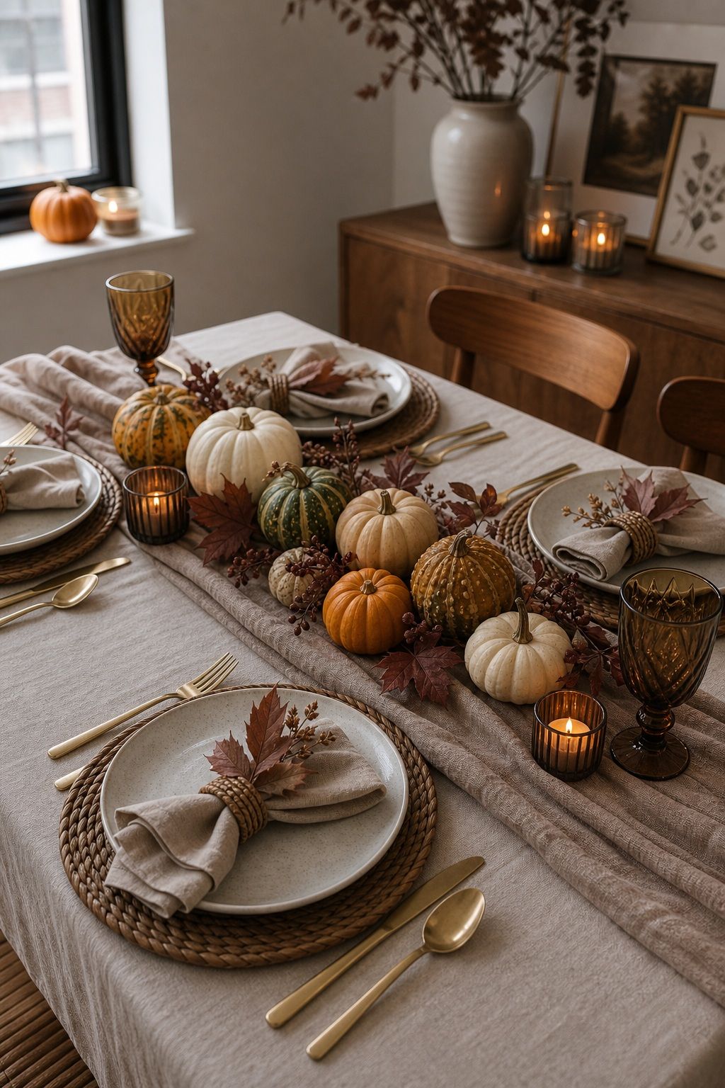 Pumpkin and Gourd Cluster Down the Center small apartment idea for Top 17 Elegant Table Setting Thanksgiving Decorations to Wow Your Guests for Small Apartments.