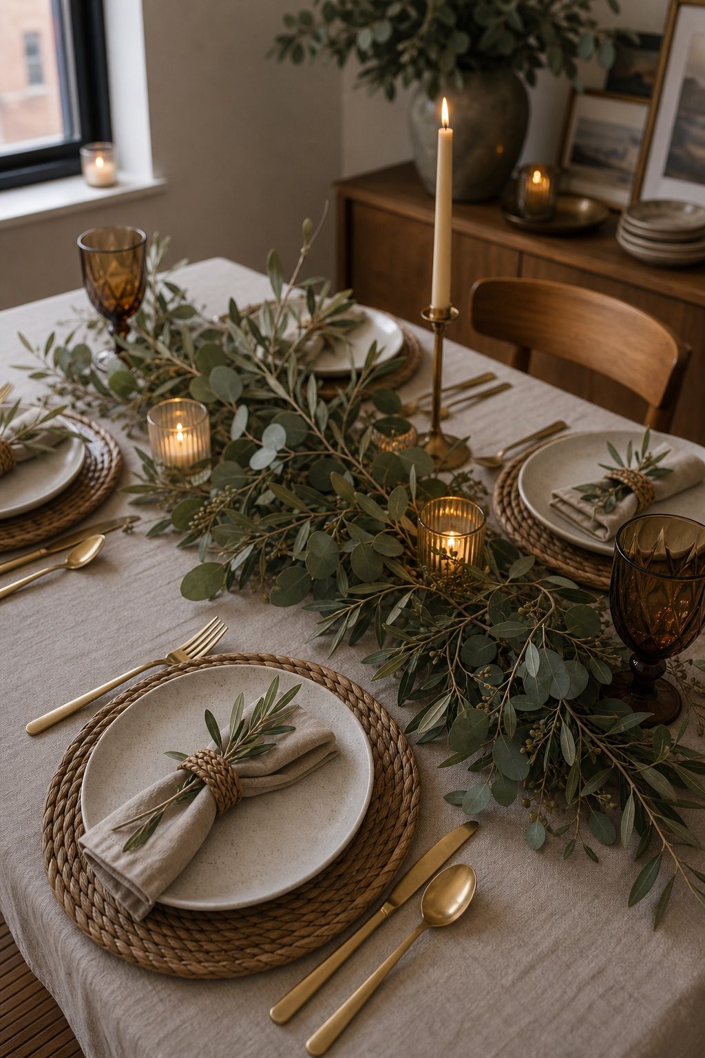 Foraged Eucalyptus and Olive Branch Runner small apartment idea for Top 17 Elegant Table Setting Thanksgiving Decorations to Wow Your Guests for Small Apartments.
