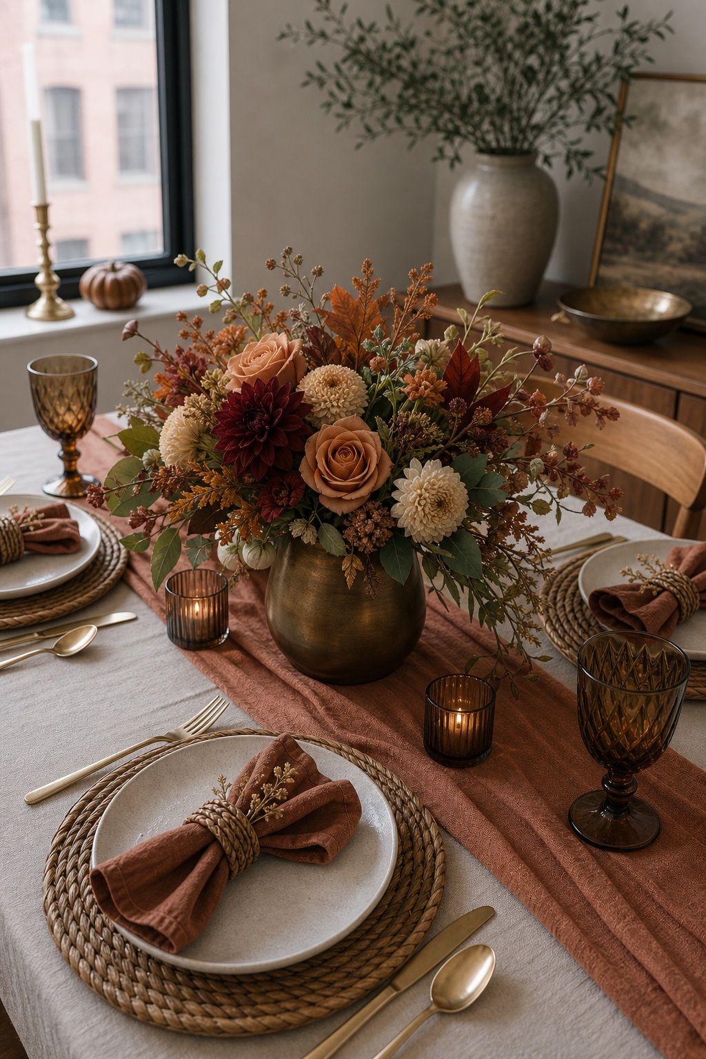 Single Statement Bouquet in a Bronze Vase small apartment idea for Top 17 Elegant Table Setting Thanksgiving Decorations to Wow Your Guests for Small Apartments.