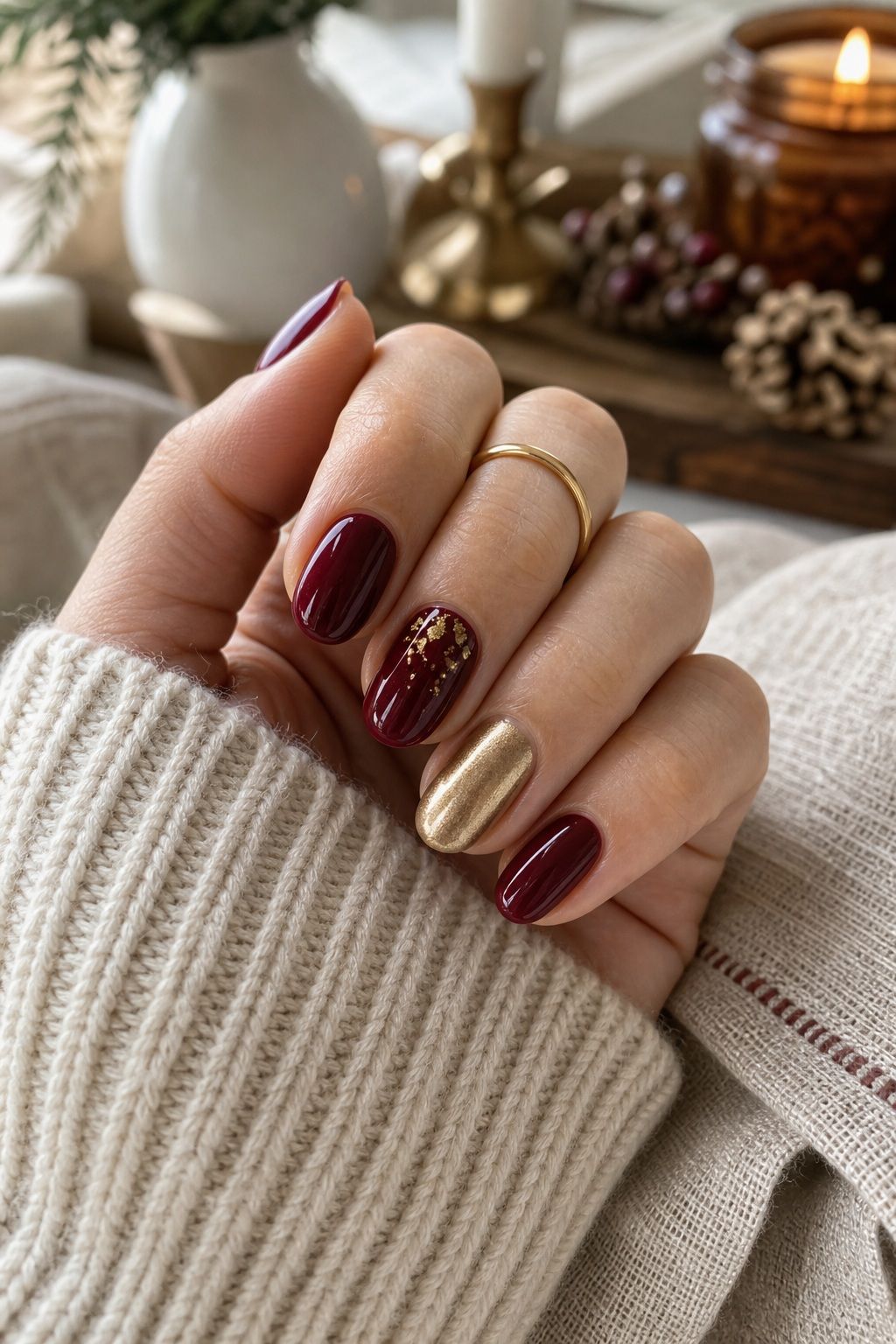 A Berry and Gold Pairing small apartment idea for Top 16 Trendy Christmas Nail Ideas for the Holidays.
