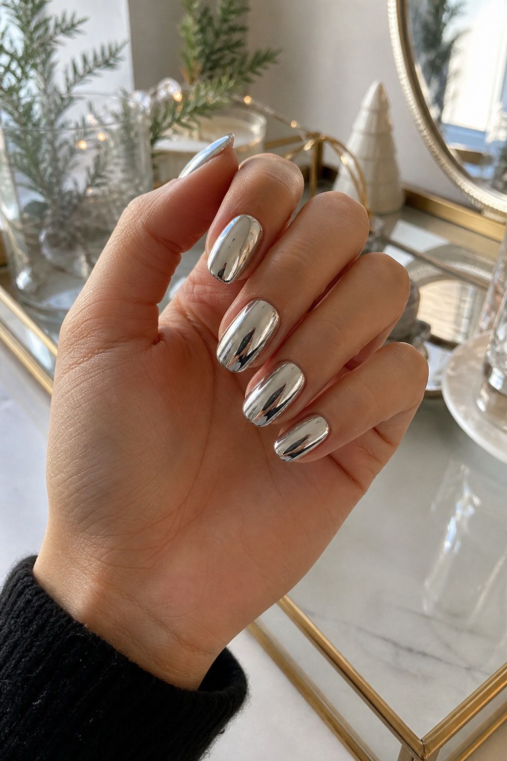 A Full Chrome Finish small apartment idea for Top 16 Trendy Christmas Nail Ideas for the Holidays.