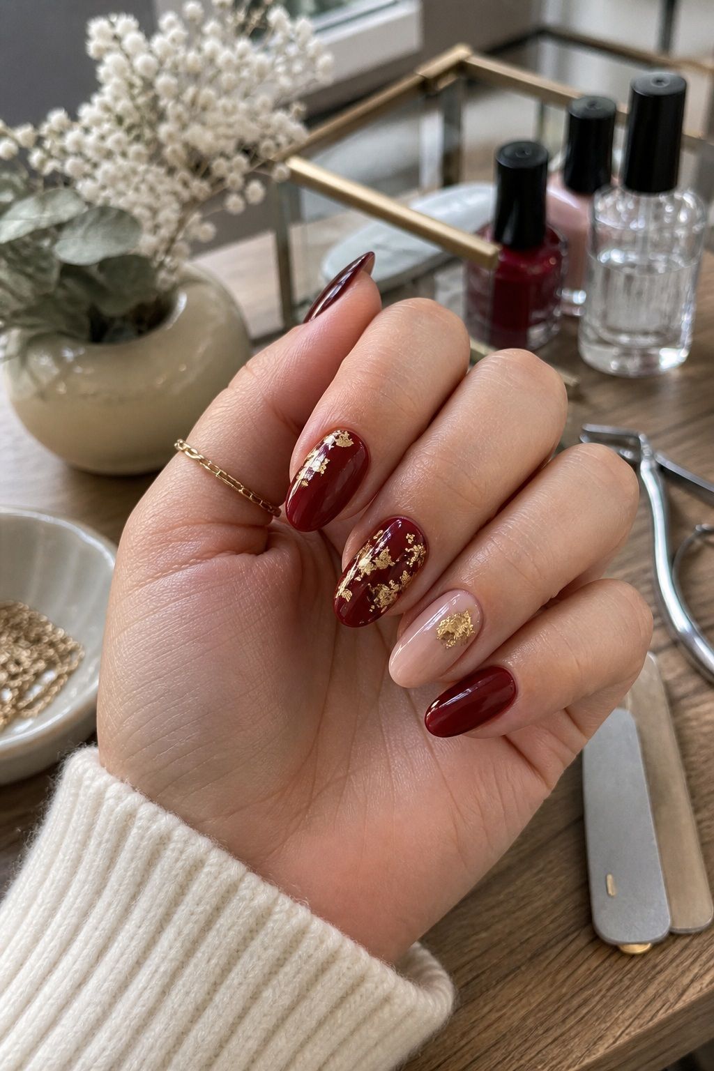 Gold Foil Detailing small apartment idea for Top 16 Trendy Christmas Nail Ideas for the Holidays.
