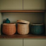 Three woven baskets in rust, natural and dark green on an open wooden shelf between sage green kitchen cabinets