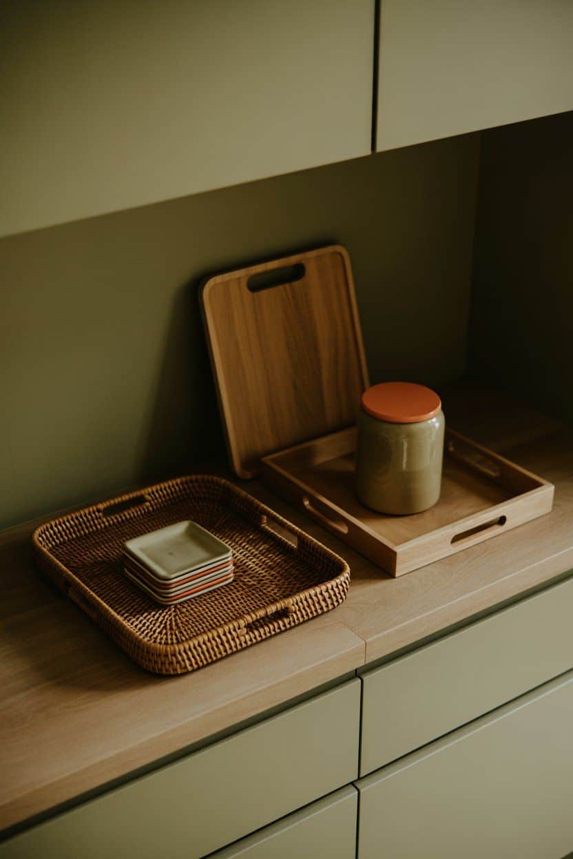 Woven rattan tray with small plates, a wooden tray, a cutting board and a ceramic jar on a light wood counter