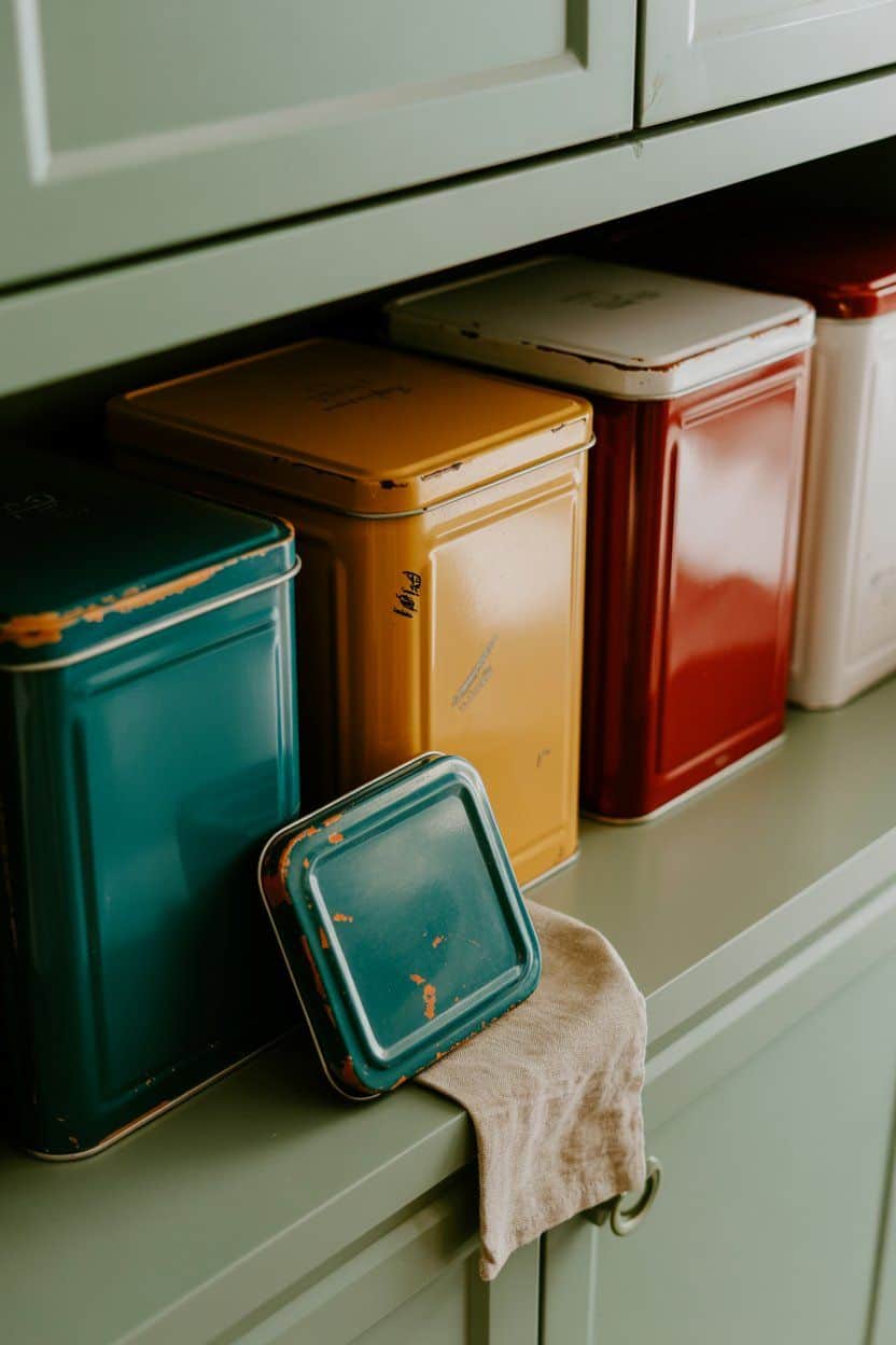 Teal, mustard and red vintage metal tins lined up on a green kitchen shelf with a cloth hanging over the edge
