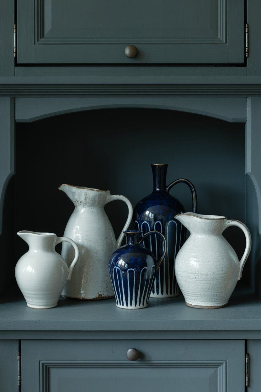 White and navy blue ceramic pitchers and vases grouped inside a dark blue painted kitchen hutch