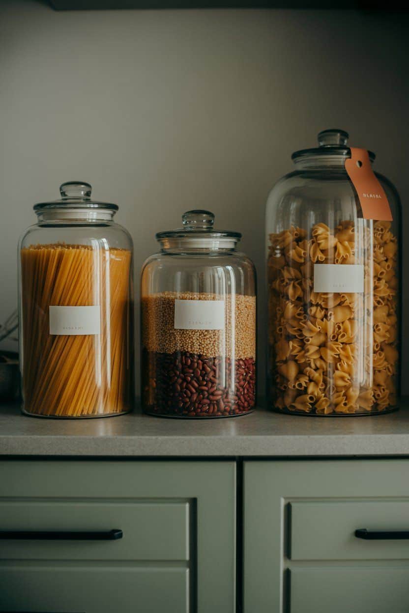 Three glass canisters with spaghetti, beans and rotini pasta lined up on a counter above sage green drawers