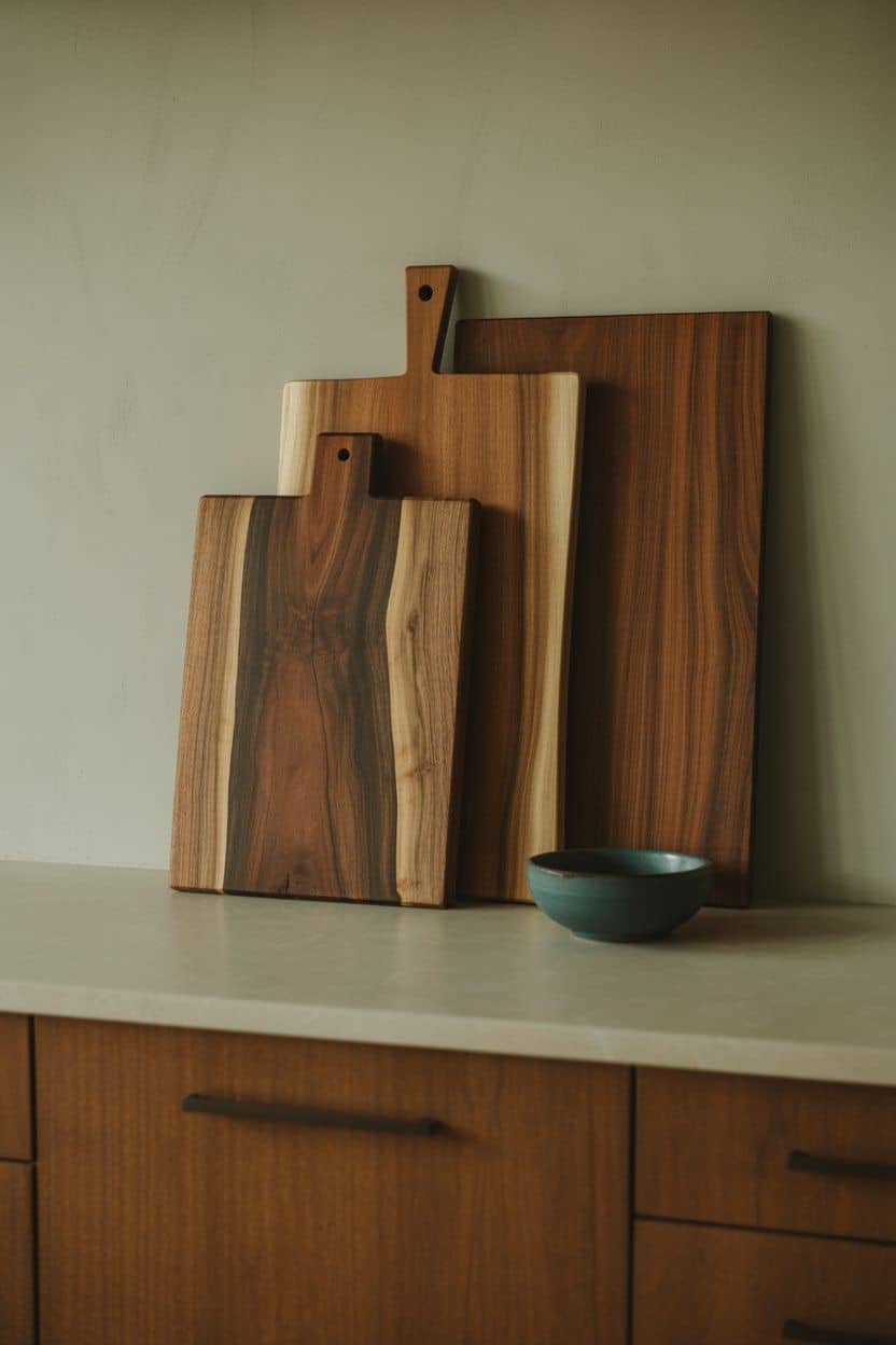 Three walnut and olive wood cutting boards of different sizes leaning against a wall with a small teal bowl in front