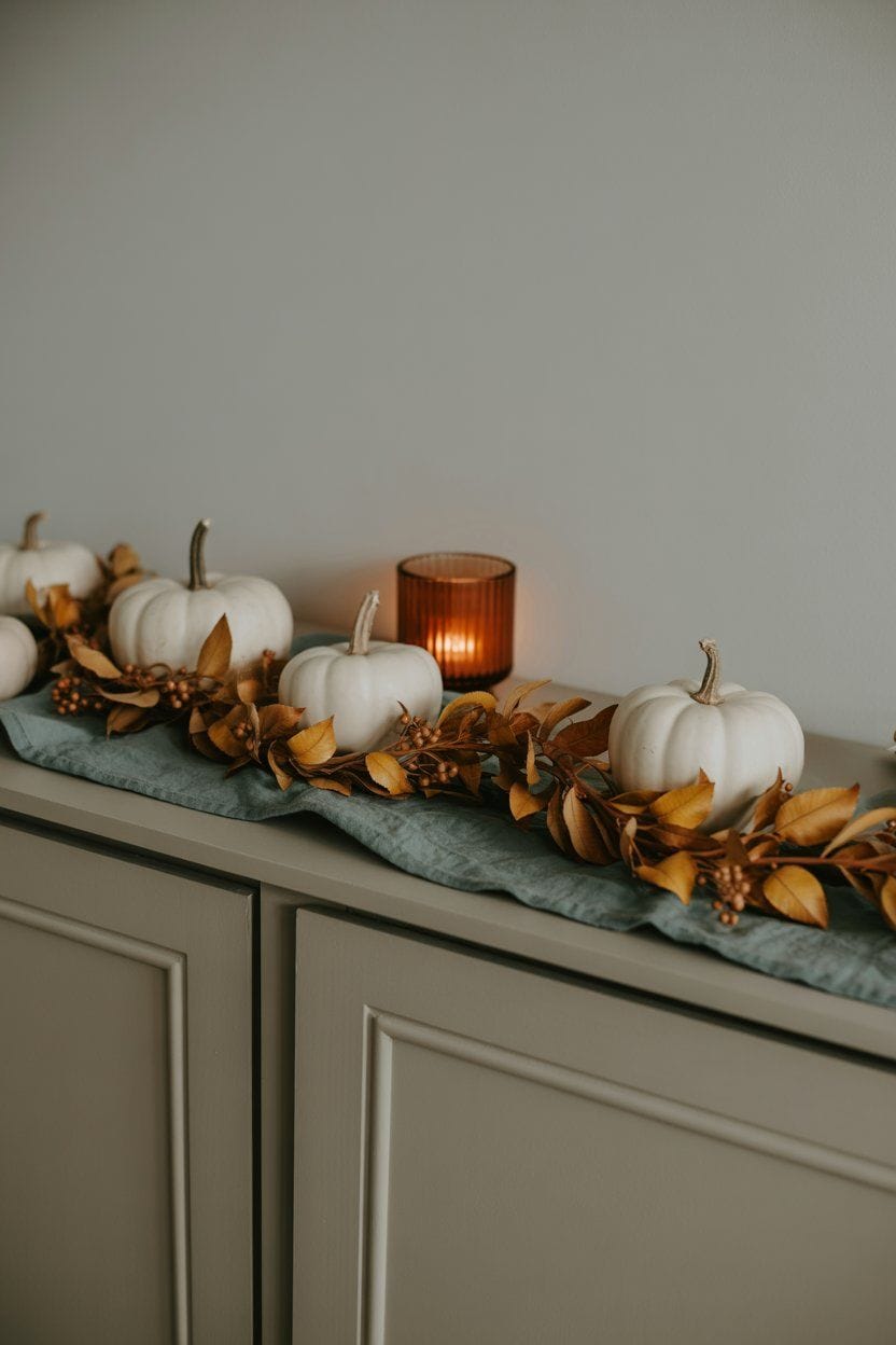 White pumpkins and an orange fall leaf garland on a sage linen runner with a glowing candle on top of gray kitchen cabinets