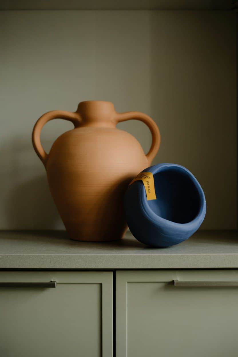 Large terracotta two-handled vase next to a cobalt blue ceramic bowl on a gray counter above sage cabinets