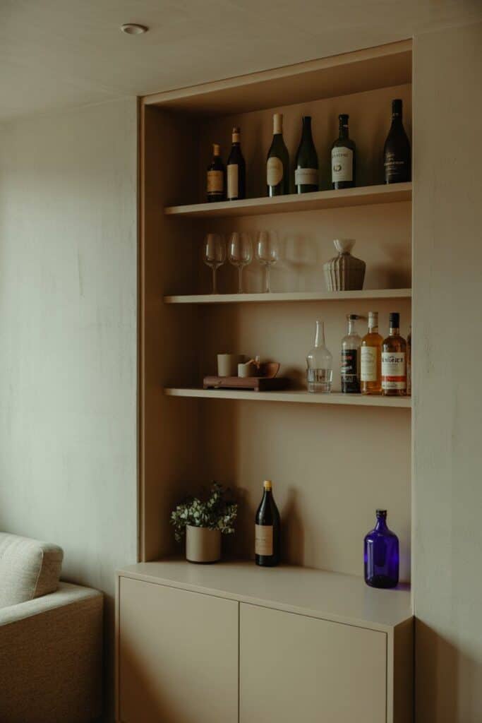 Built-in home bar shelves with wine, liquor, and glassware. Perfect bar ideas for home living rooms.