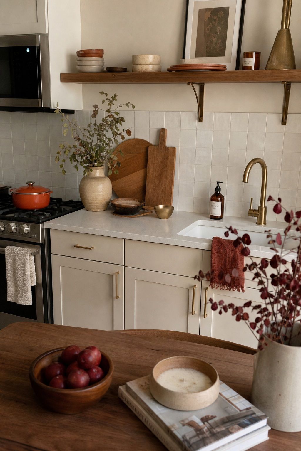 Choose a Warm, Disciplined Palette small apartment idea for Top 17 Autumn Decor Ideas for the Kitchen in Small Apartments.
