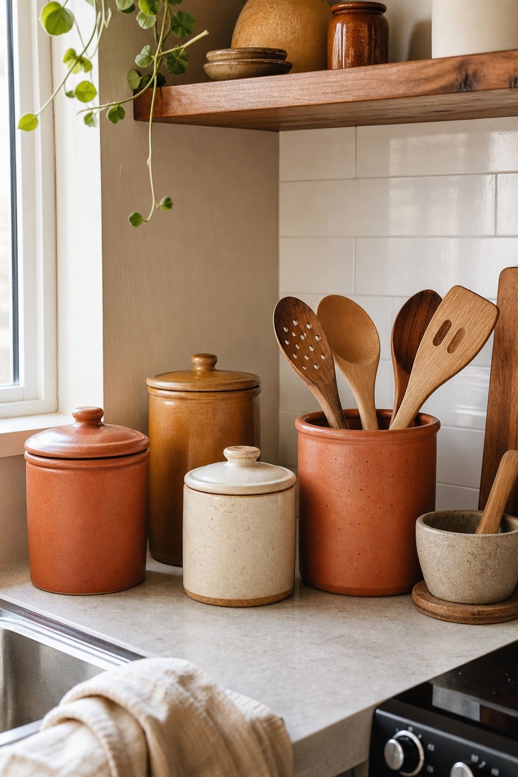 Swap In Warm-Toned Canister or Crock Accents small apartment idea for Top 17 Autumn Decor Ideas for the Kitchen in Small Apartments.