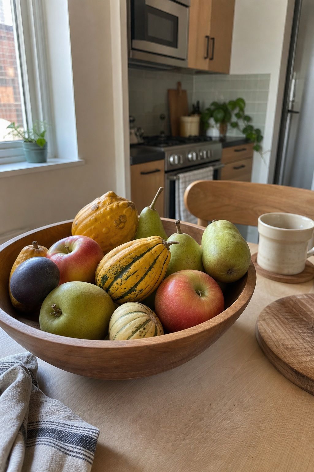 Add a Bowl of Seasonal Produce small apartment idea for Top 17 Autumn Decor Ideas for the Kitchen in Small Apartments.