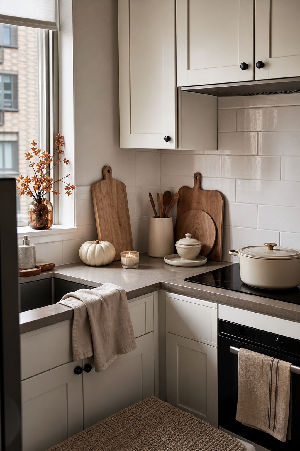 Keep Most of the Kitchen Neutral small apartment idea for Top 17 Autumn Decor Ideas for the Kitchen in Small Apartments.