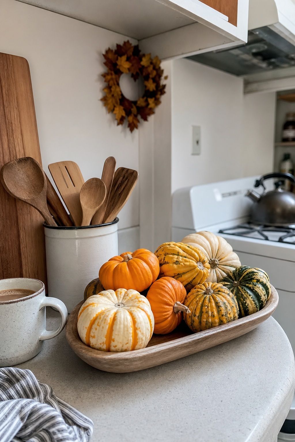 Cluster Pumpkins and Gourds, Don't Scatter small apartment idea for Top 17 Autumn Decor Ideas for the Kitchen in Small Apartments.