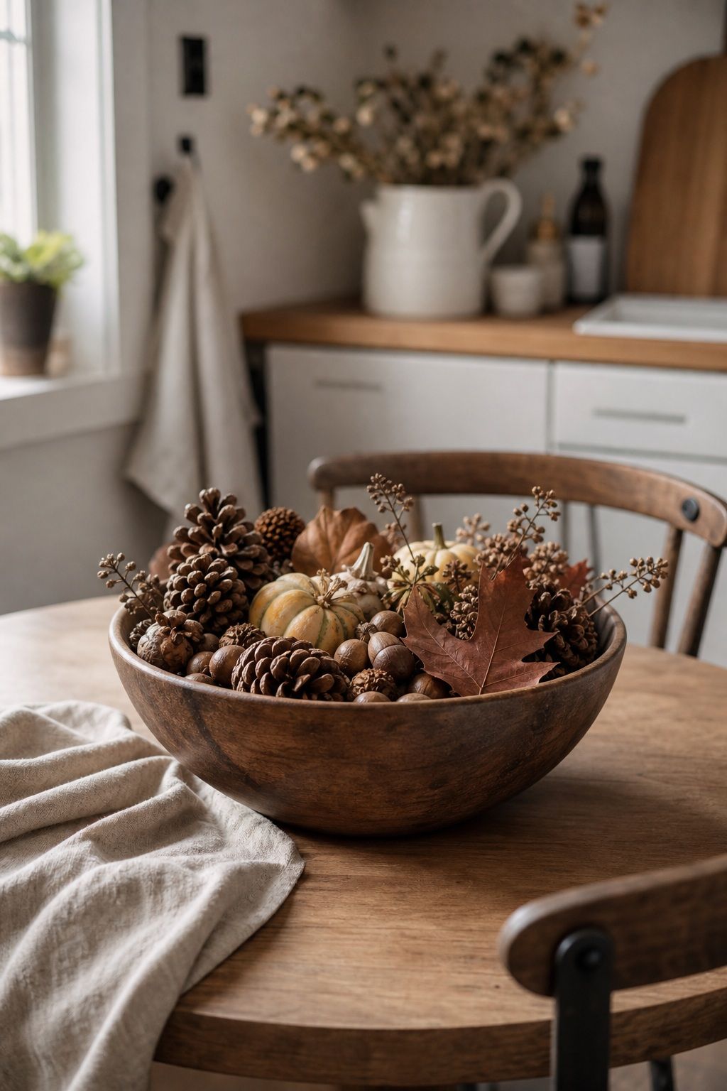 Fill a Rustic Bowl With Natural Finds small apartment idea for Top 17 Autumn Decor Ideas for the Kitchen in Small Apartments.