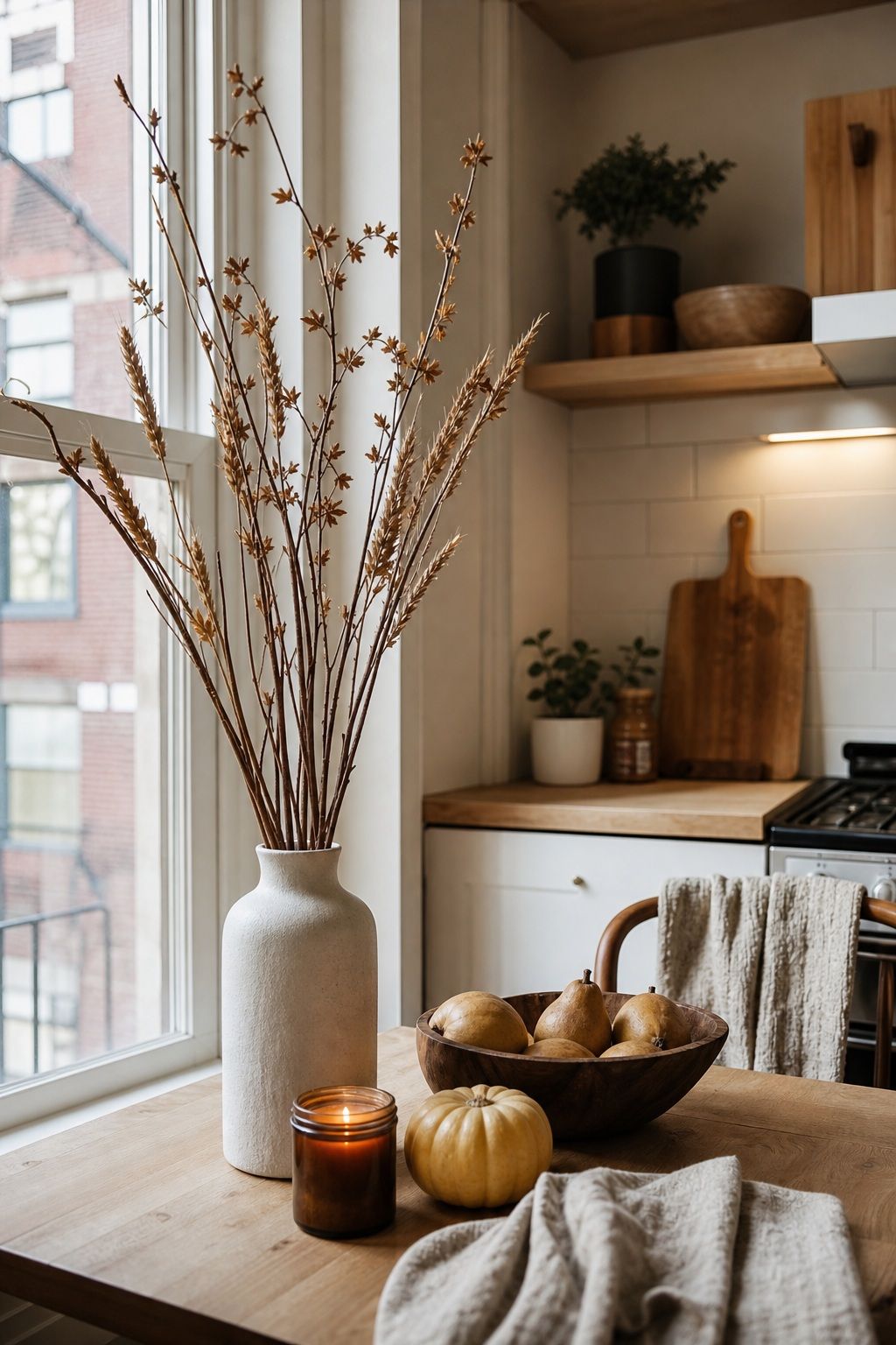 Add Branches or Dried Wheat for Height small apartment idea for Top 17 Autumn Decor Ideas for the Kitchen in Small Apartments.