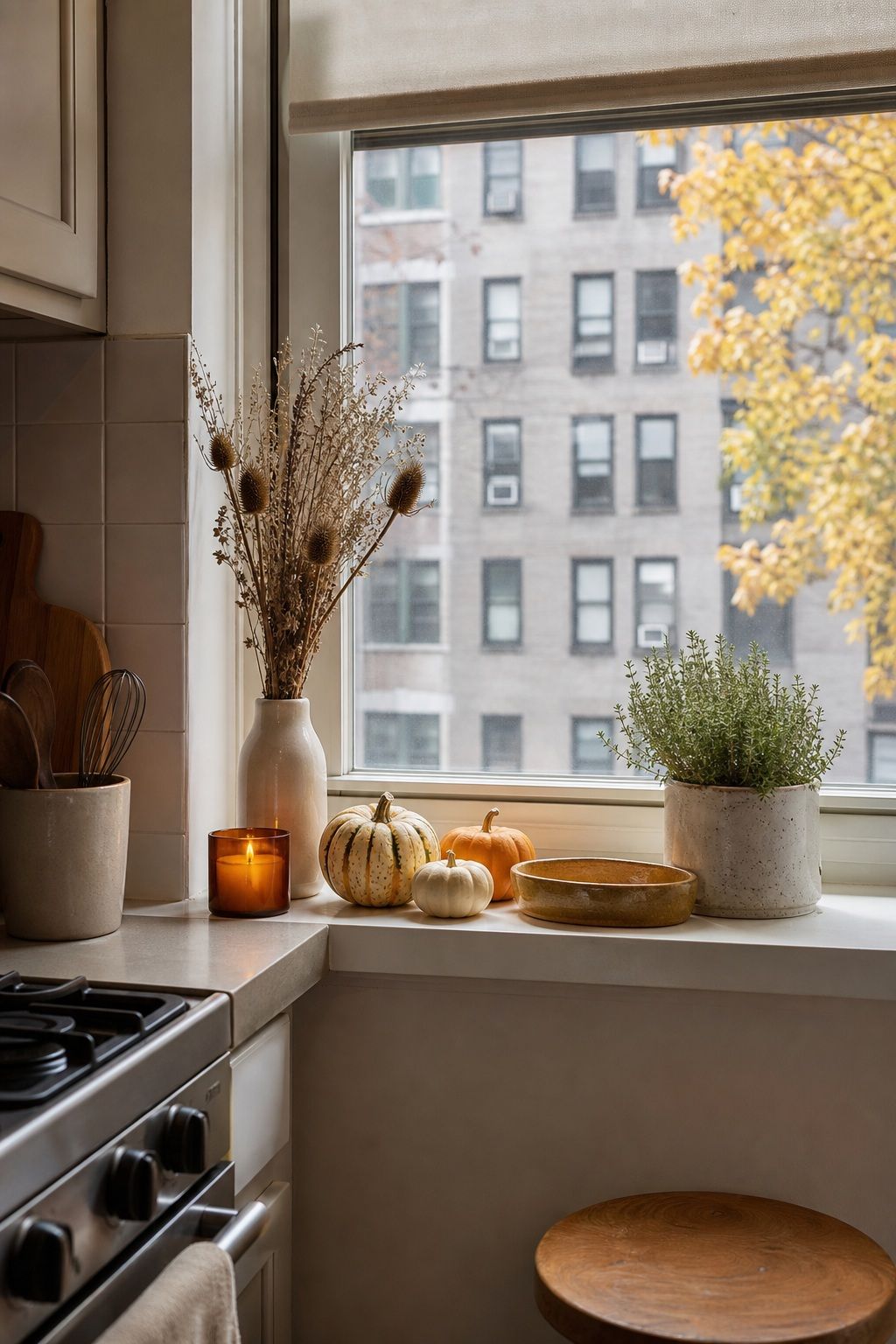 Style the Windowsill for the Season small apartment idea for Top 17 Autumn Decor Ideas for the Kitchen in Small Apartments.