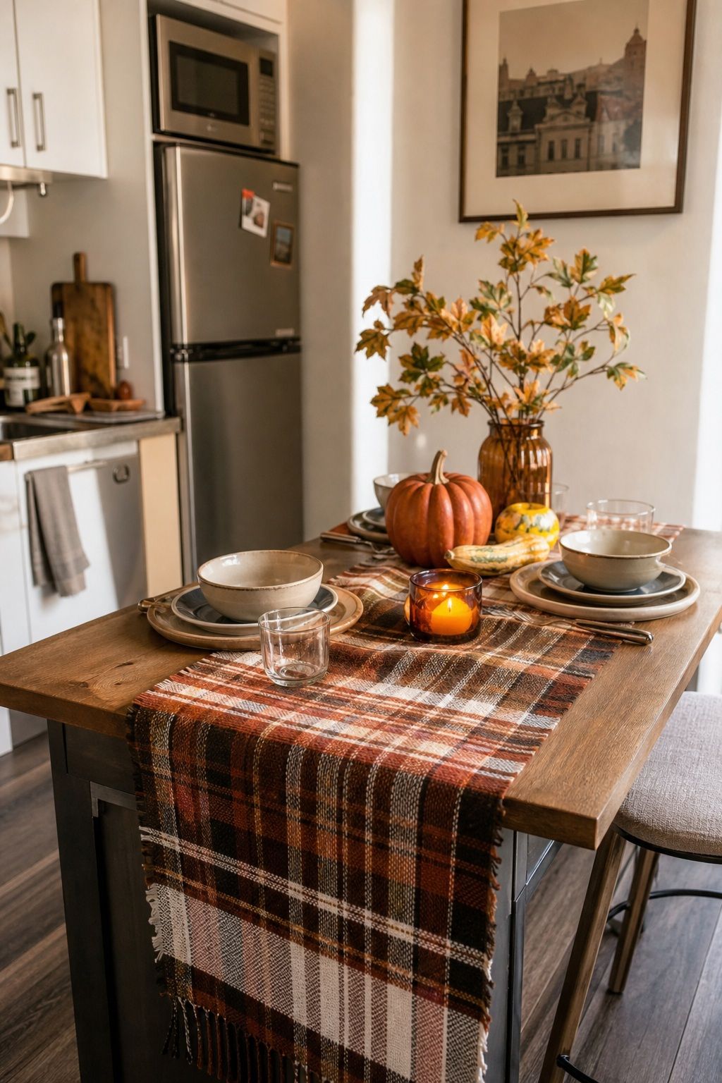 Layer a Flannel or Plaid Runner small apartment idea for Top 17 Autumn Decor Ideas for the Kitchen in Small Apartments.