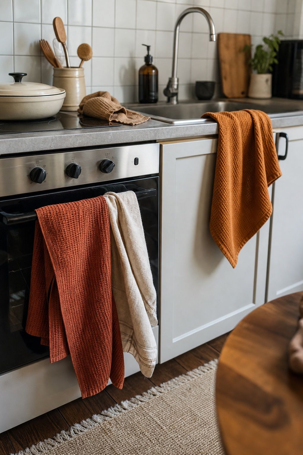 Swap to Warm Cotton or Waffle Towels small apartment idea for Top 17 Autumn Decor Ideas for the Kitchen in Small Apartments.