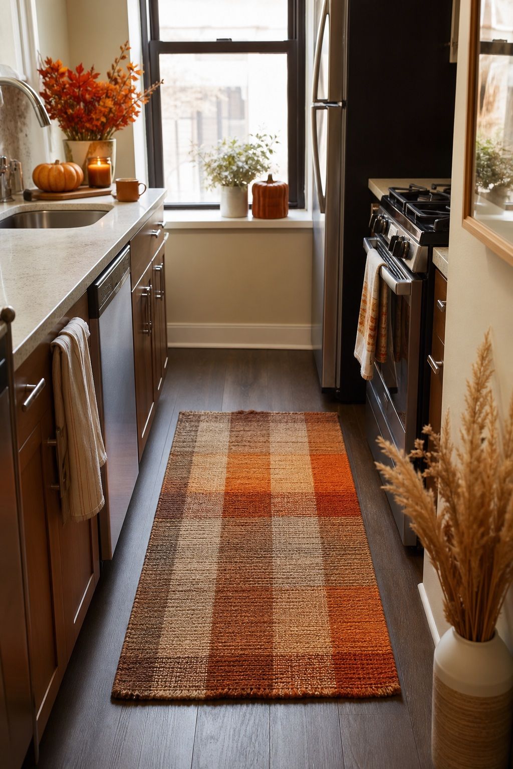 Add a Small Seasonal Rug or Mat small apartment idea for Top 17 Autumn Decor Ideas for the Kitchen in Small Apartments.