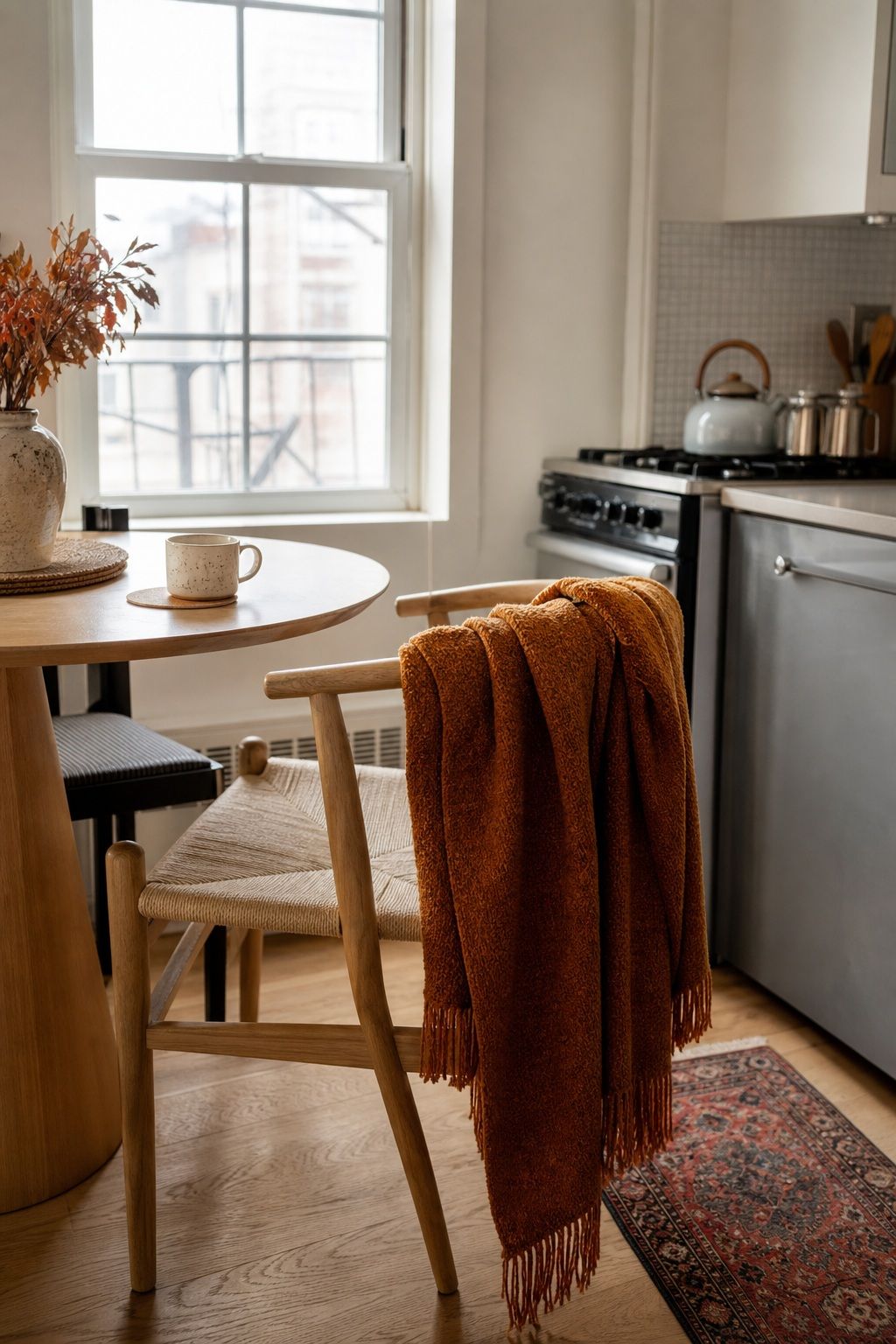 Drape a Throw Over a Kitchen Chair small apartment idea for Top 17 Autumn Decor Ideas for the Kitchen in Small Apartments.