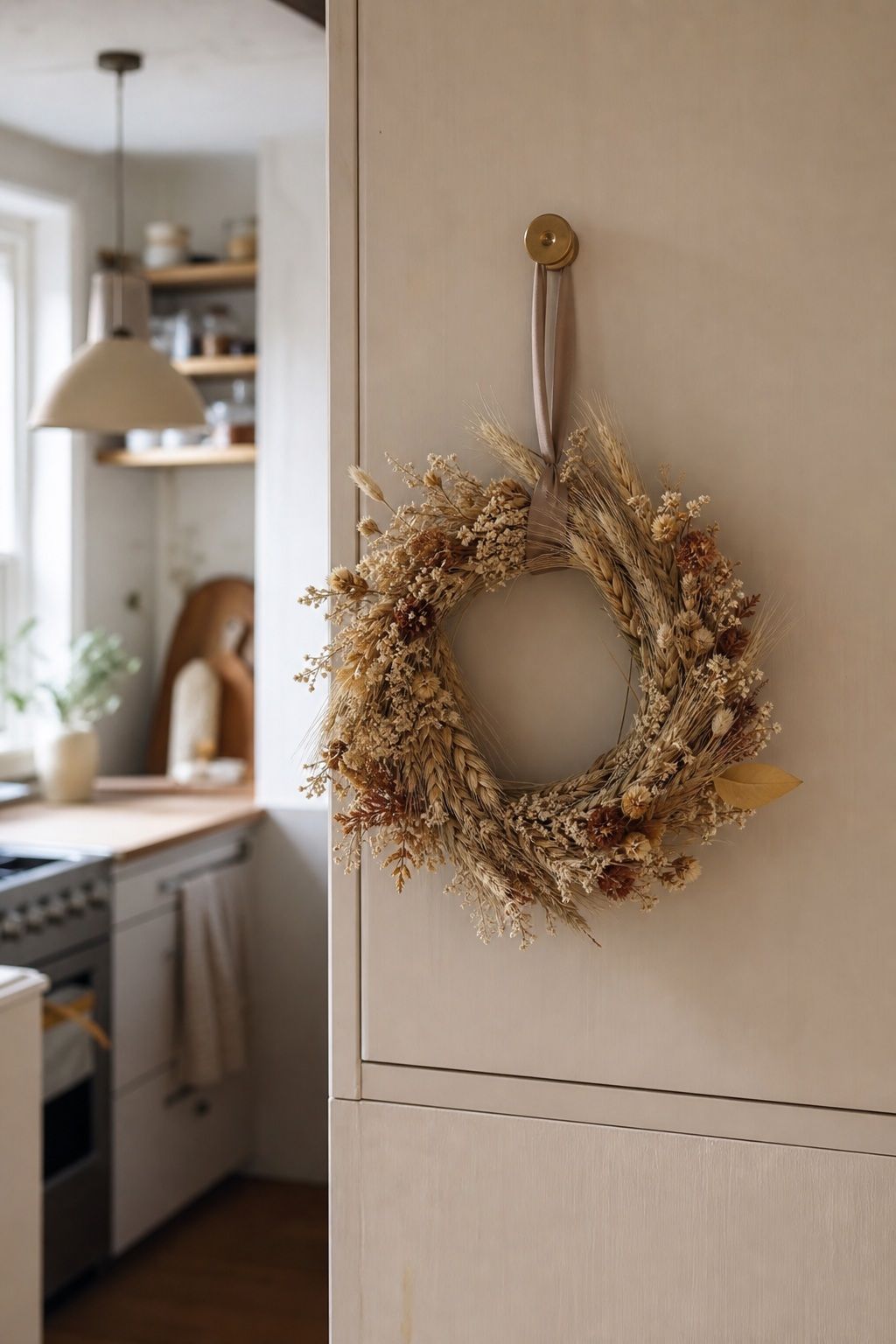 Hang a Small Dried-Floral or Wheat Wreath small apartment idea for Top 17 Autumn Decor Ideas for the Kitchen in Small Apartments.