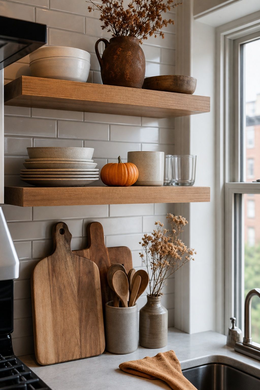 Style Open Shelves Lightly for Fall small apartment idea for Top 17 Autumn Decor Ideas for the Kitchen in Small Apartments.
