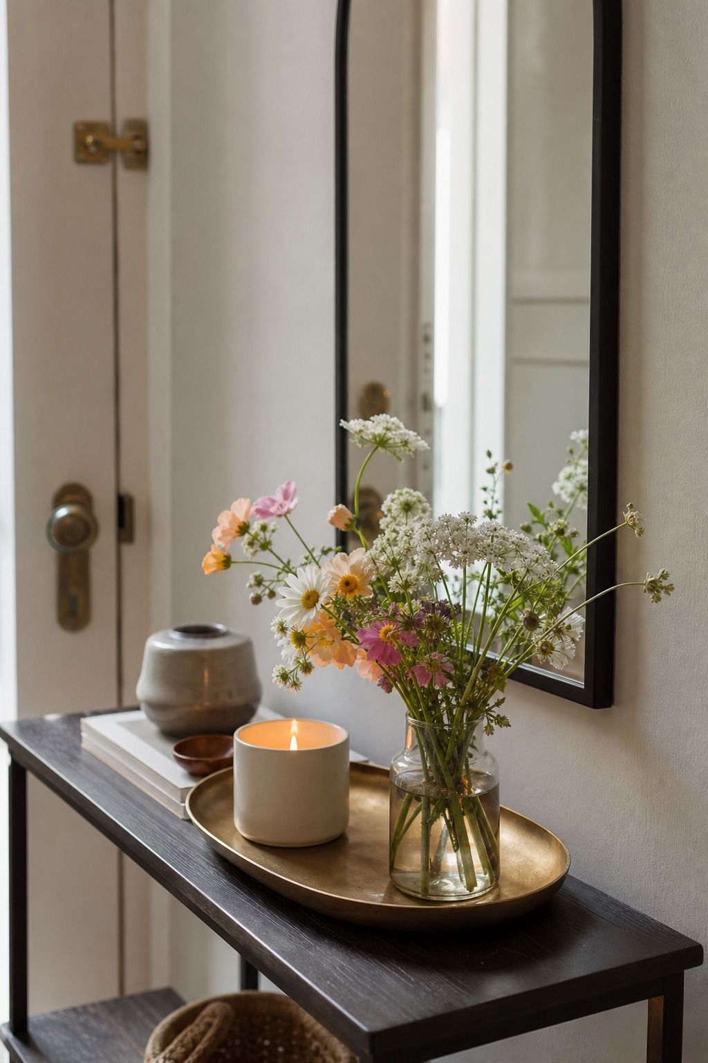 Brass Tray with Candle and Florals small apartment idea for Top 17 Entryway Table Summer Decor Ideas for Apartments.