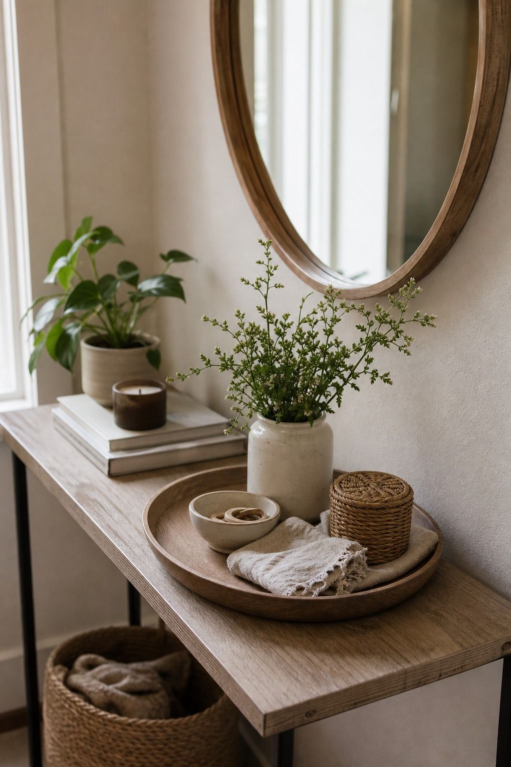 Round Wood Tray with Natural Accents small apartment idea for Top 17 Entryway Table Summer Decor Ideas for Apartments.