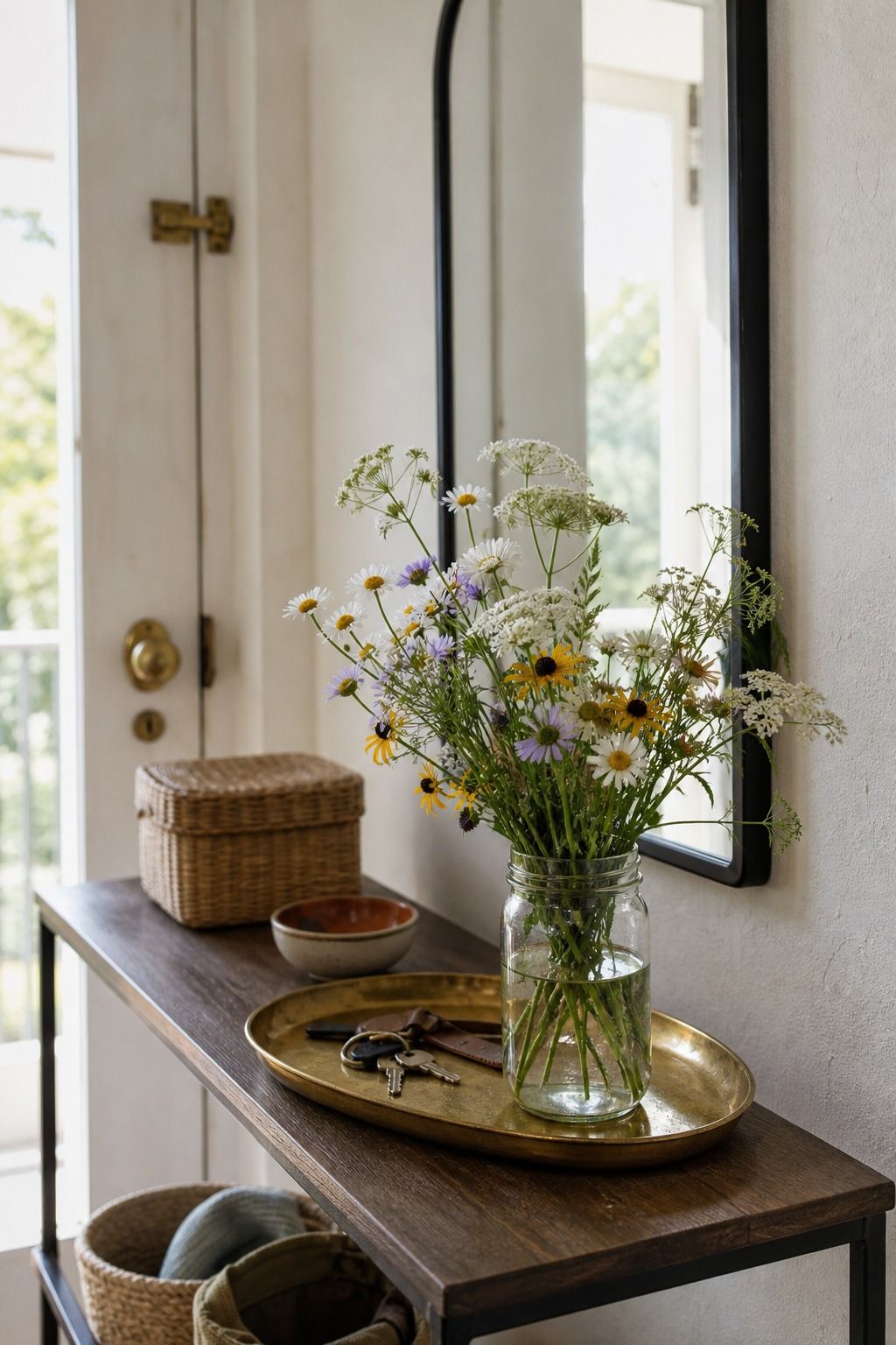 Mason Jar Wildflower Bunch small apartment idea for Top 17 Entryway Table Summer Decor Ideas for Apartments.