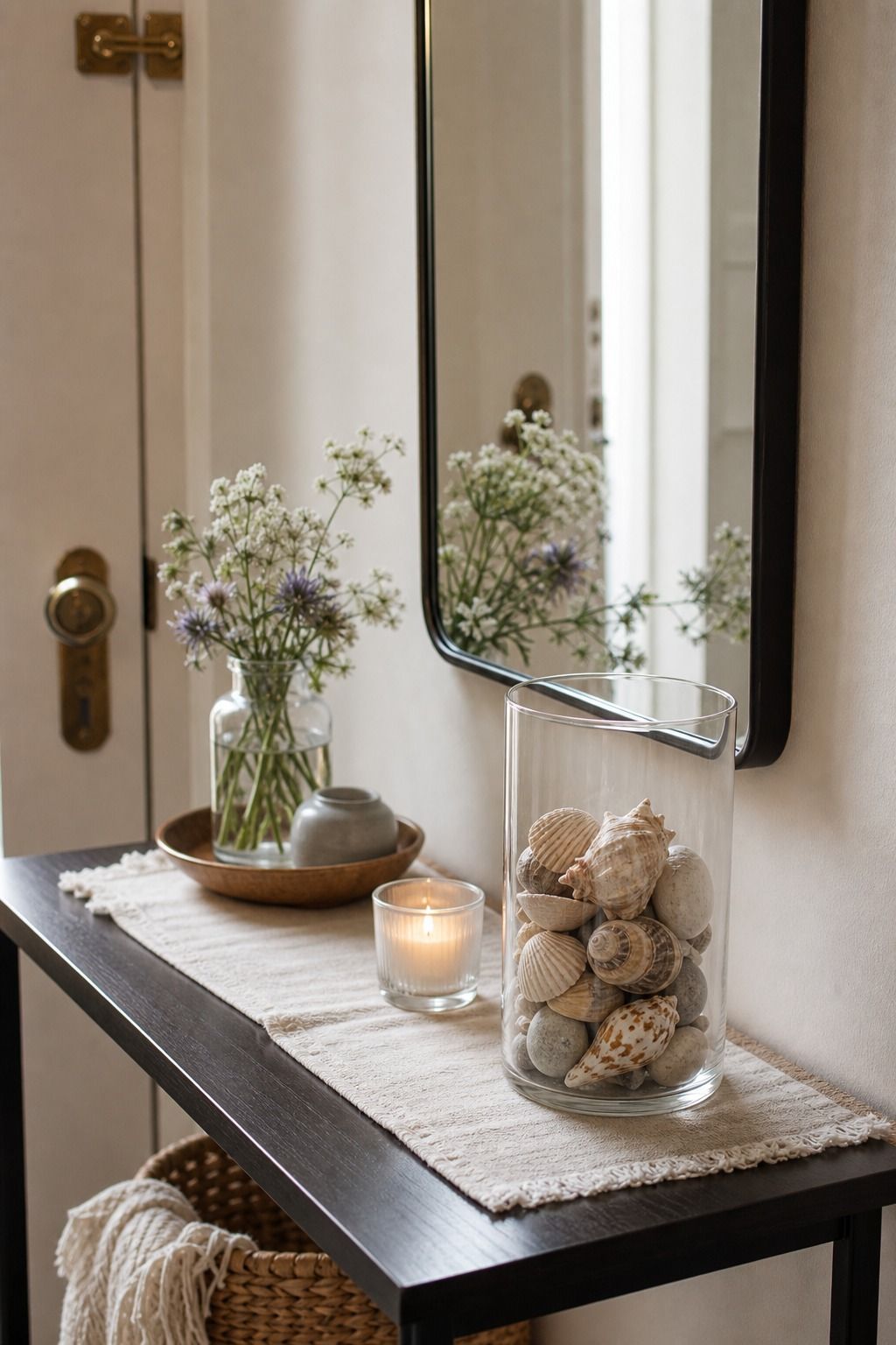 Shell-Filled Glass Cylinder small apartment idea for Top 17 Entryway Table Summer Decor Ideas for Apartments.