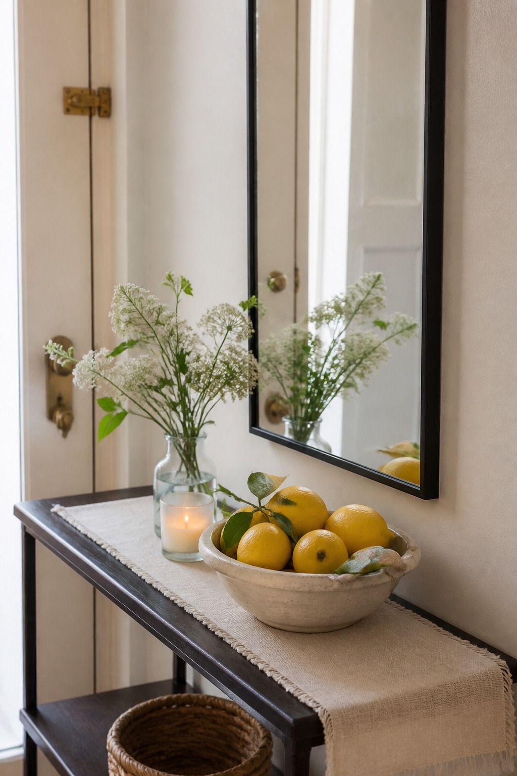 Lemon Bowl Centerpiece small apartment idea for Top 17 Entryway Table Summer Decor Ideas for Apartments.