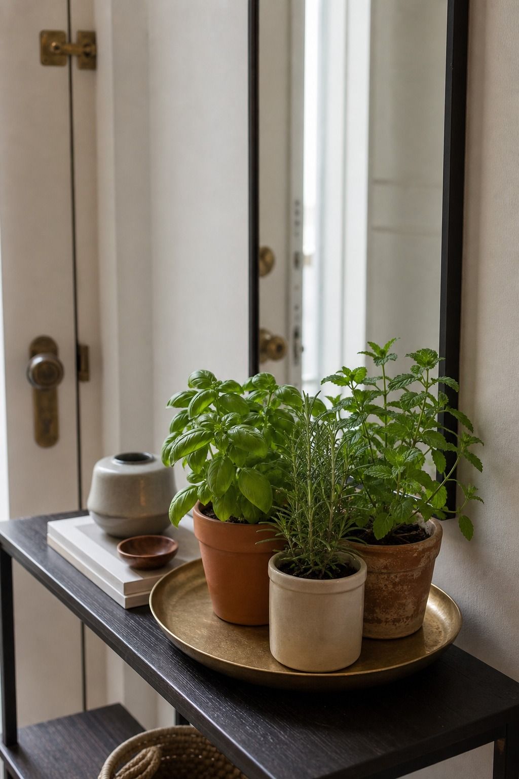 Fresh Herb Pot Cluster small apartment idea for Top 17 Entryway Table Summer Decor Ideas for Apartments.