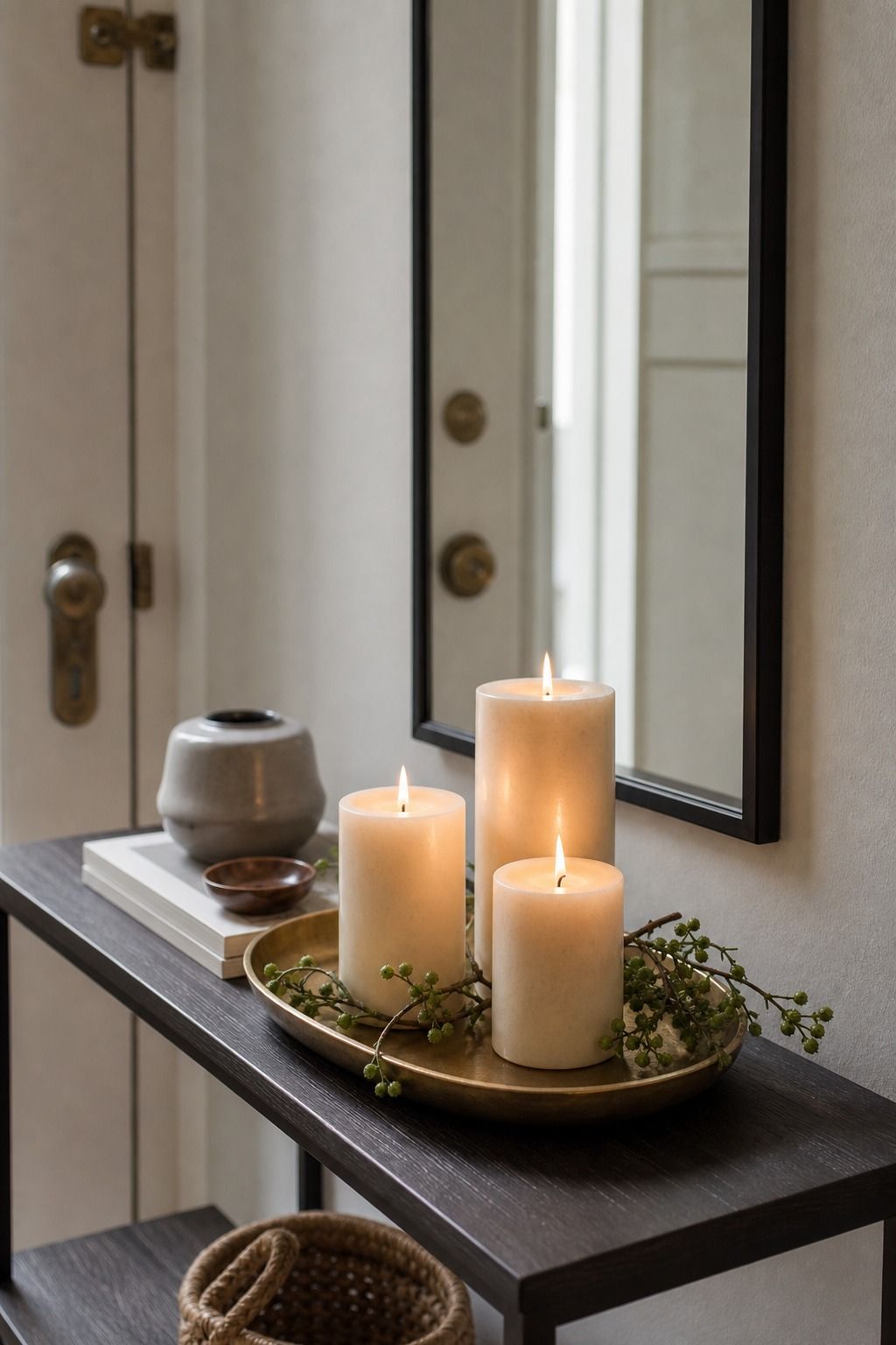 Three-Candle Pillar Cluster small apartment idea for Top 17 Entryway Table Summer Decor Ideas for Apartments.