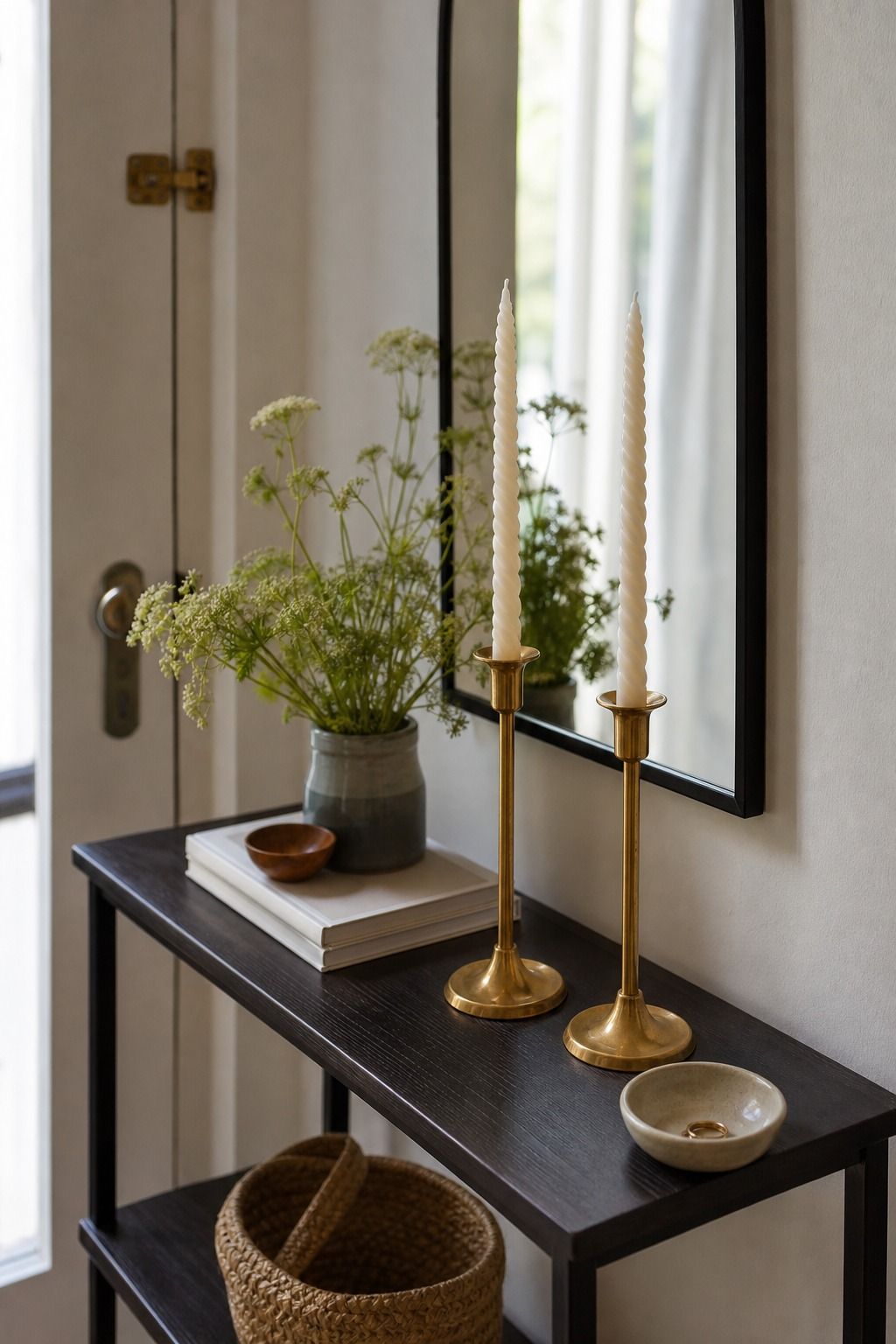 Brass Candlestick Pair with Tapers small apartment idea for Top 17 Entryway Table Summer Decor Ideas for Apartments.