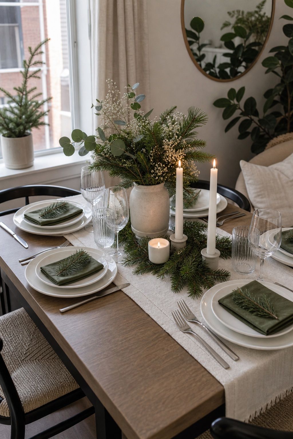 Choose Modern Green and White small apartment idea for Top 18 Festive Christmas Table Settings That Bring Holiday Cheer for Small-Space Hosting.