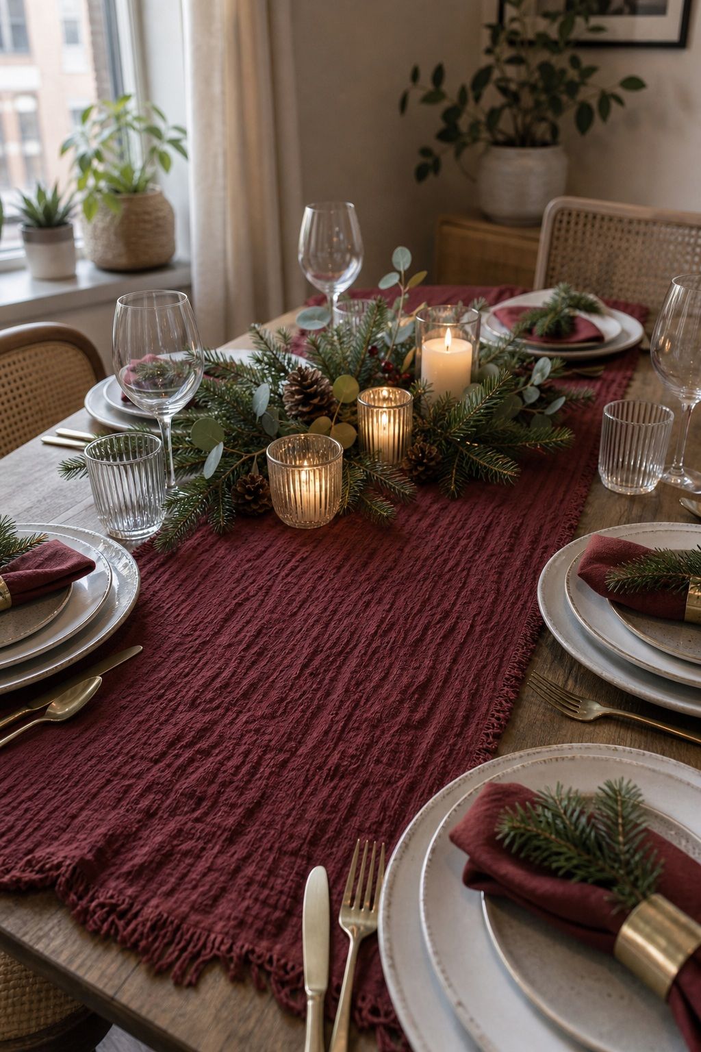 Layer a Runner in the Palette Tone small apartment idea for Top 18 Festive Christmas Table Settings That Bring Holiday Cheer for Small-Space Hosting.