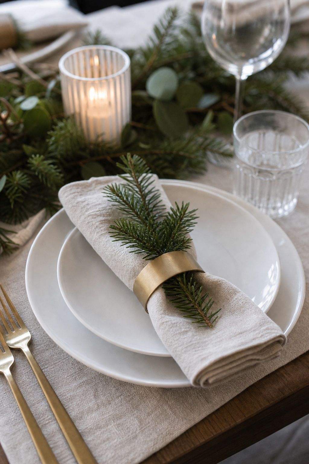 Fold a Napkin With a Sprig of Greenery small apartment idea for Top 18 Festive Christmas Table Settings That Bring Holiday Cheer for Small-Space Hosting.