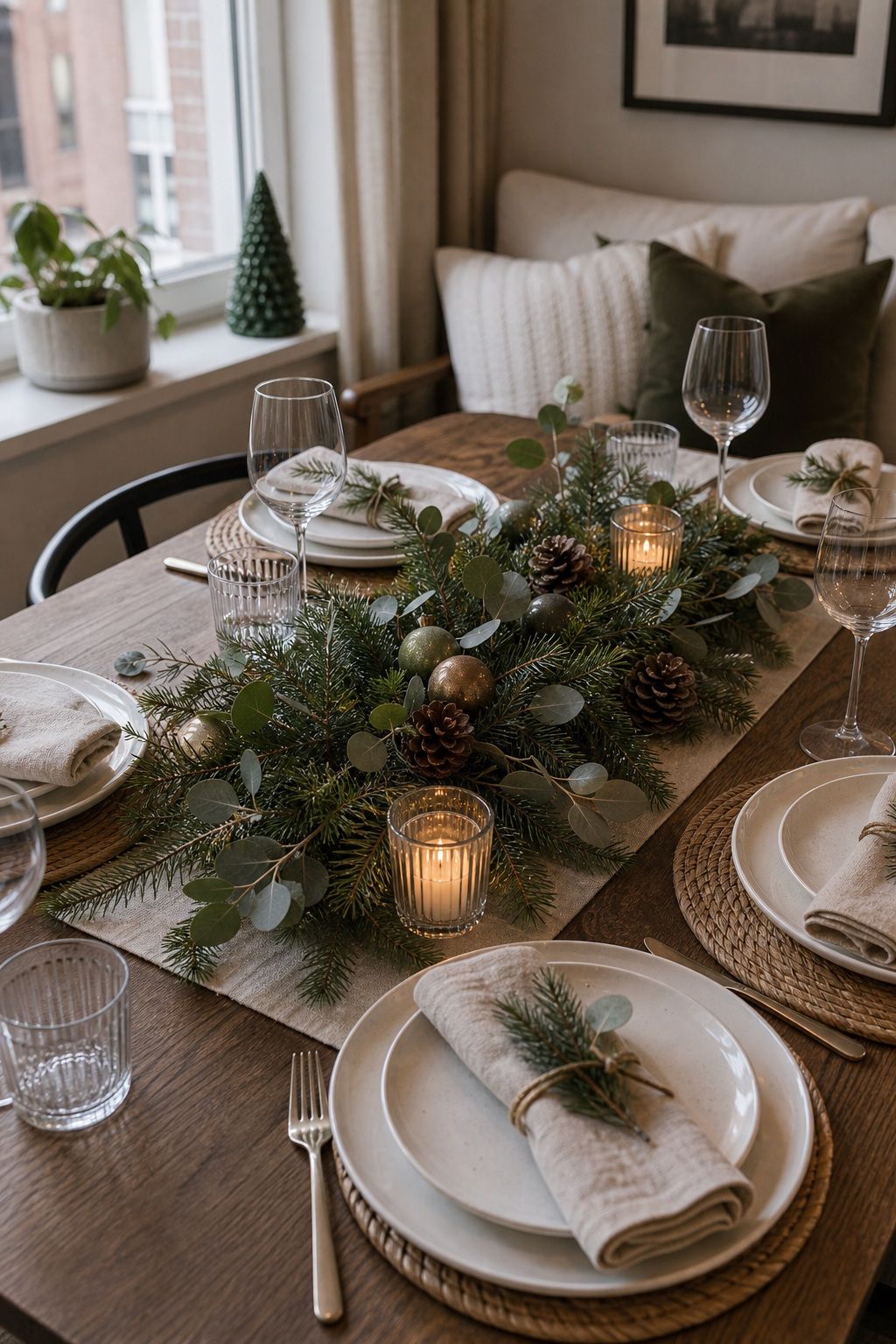 Build a Low Mixed Greenery Centerpiece small apartment idea for Top 18 Festive Christmas Table Settings That Bring Holiday Cheer for Small-Space Hosting.