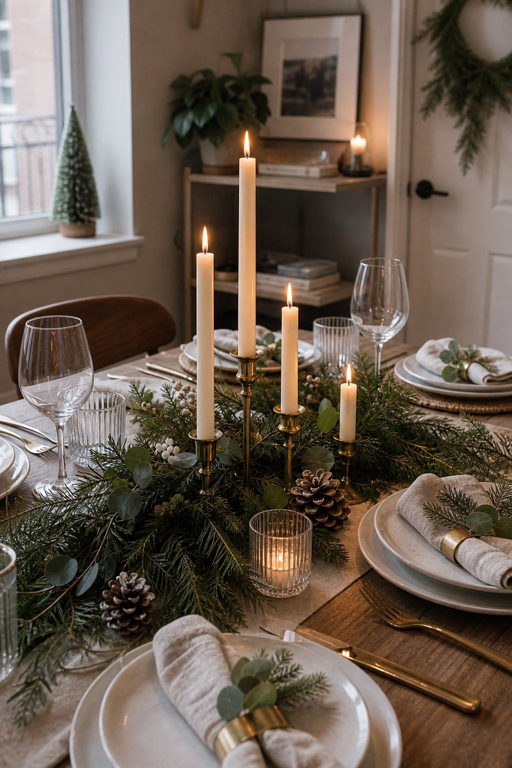 Cluster Taper Candles in Graduated Heights small apartment idea for Top 18 Festive Christmas Table Settings That Bring Holiday Cheer for Small-Space Hosting.