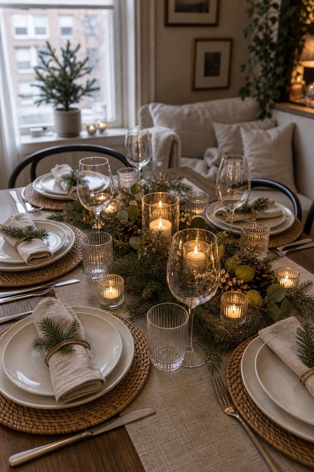Add Votives and Tea Lights for Layered Glow small apartment idea for Top 18 Festive Christmas Table Settings That Bring Holiday Cheer for Small-Space Hosting.