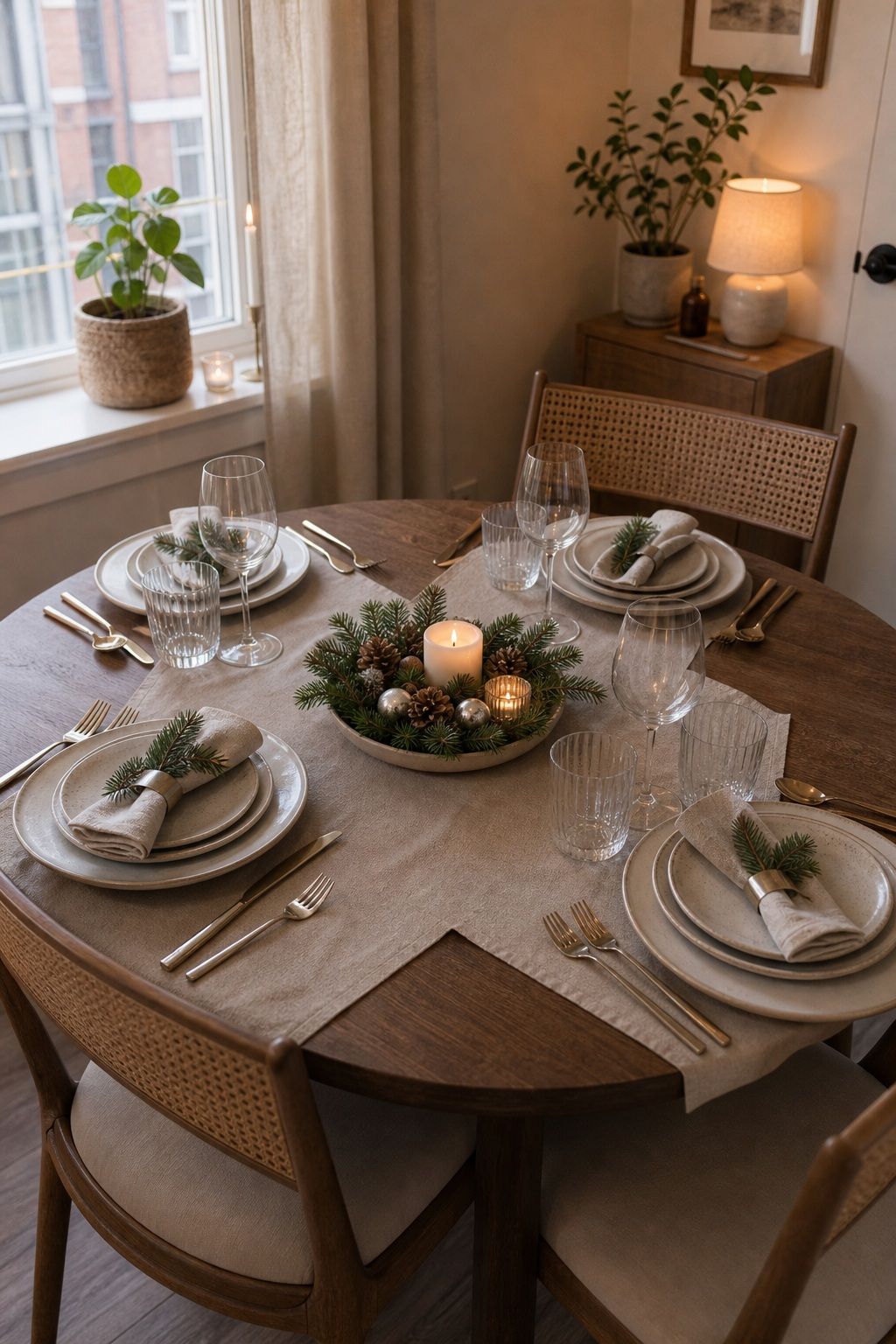 Scale the Centerpiece to the Table small apartment idea for Top 18 Festive Christmas Table Settings That Bring Holiday Cheer for Small-Space Hosting.