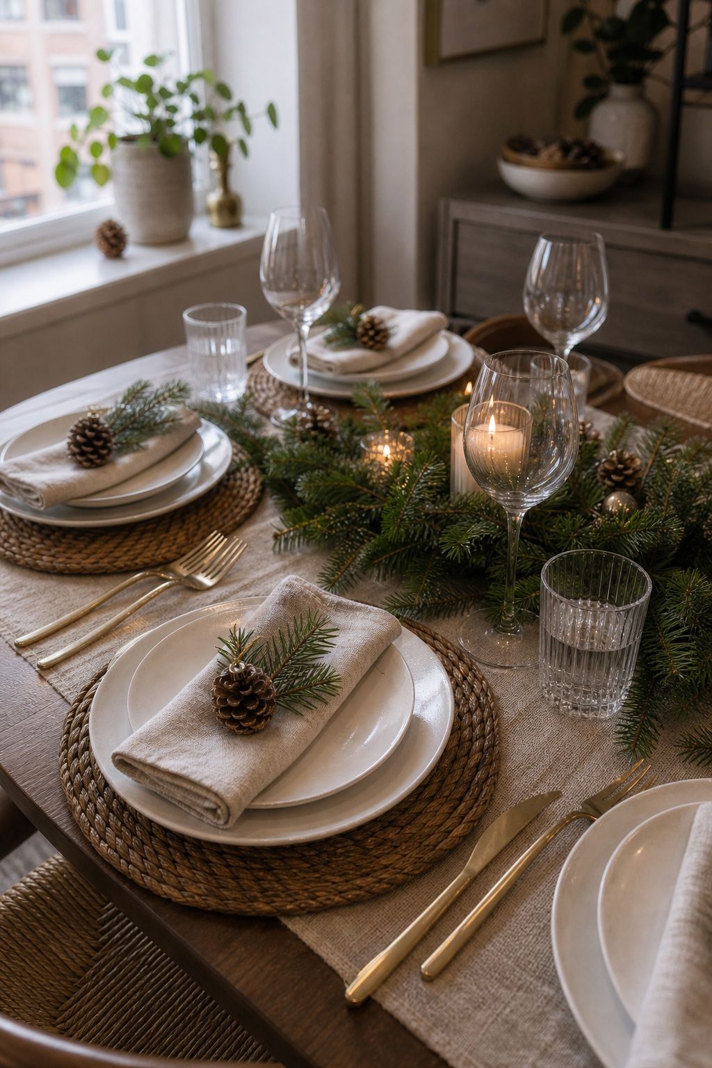 Tuck in a Small Ornament or Pinecone at Each Setting small apartment idea for Top 18 Festive Christmas Table Settings That Bring Holiday Cheer for Small-Space Hosting.