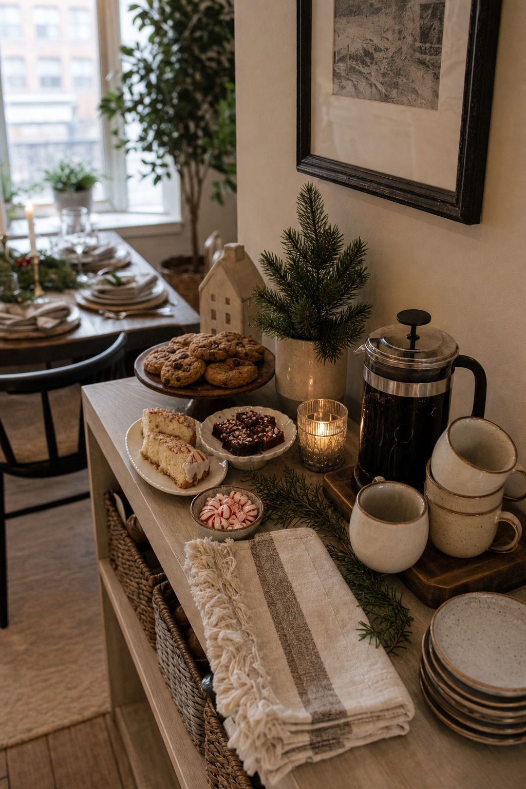 Style a Dessert and Coffee Station Nearby small apartment idea for Top 18 Festive Christmas Table Settings That Bring Holiday Cheer for Small-Space Hosting.