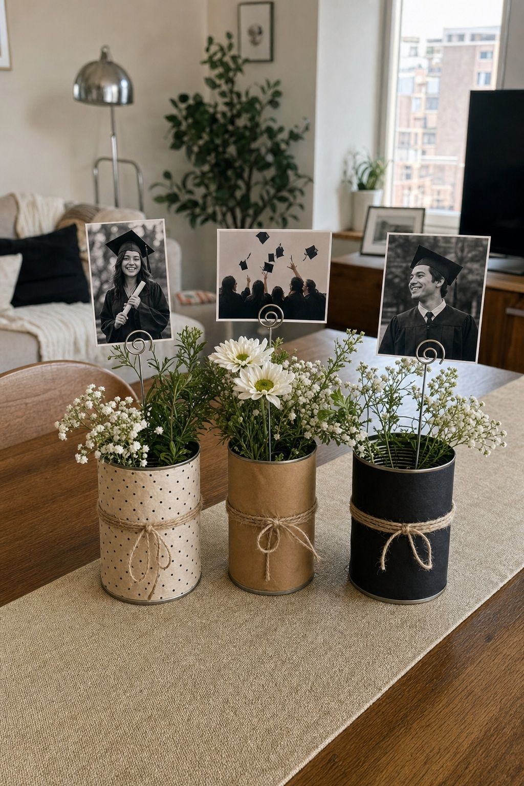 Upcycled Can Photo Display small apartment idea for Top 20 Creative Graduation Centerpieces to Elevate Your Celebration.