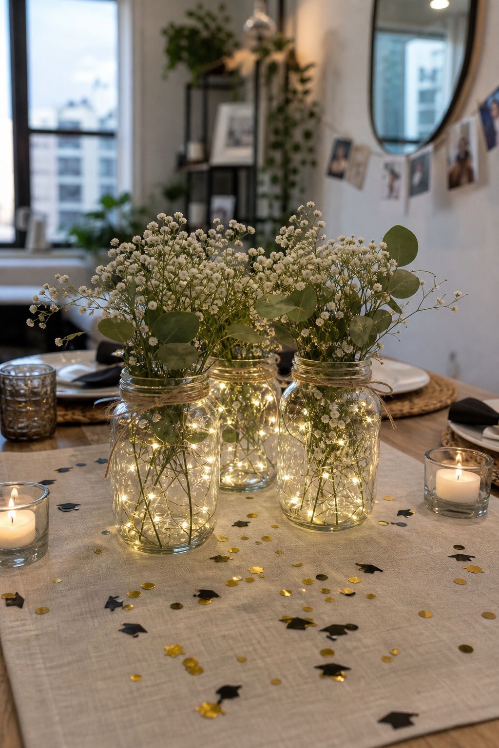 Mason Jar Arrangements with Fairy Lights small apartment idea for Top 20 Creative Graduation Centerpieces to Elevate Your Celebration.