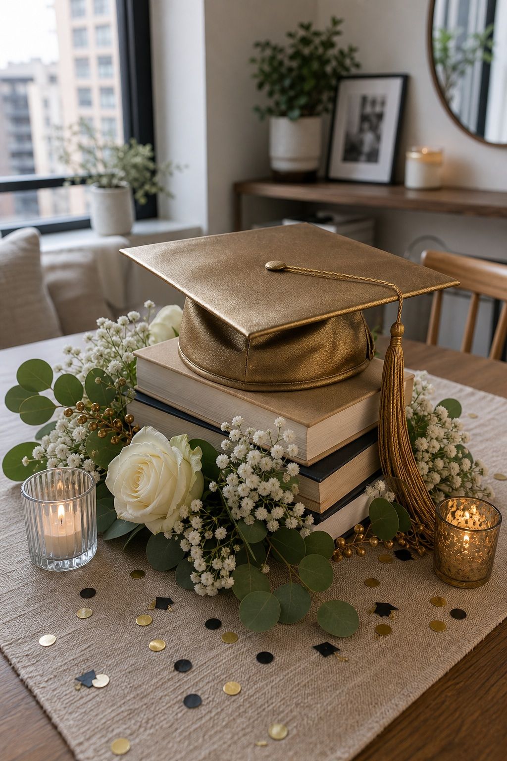 Gold-Painted Graduation Cap Display small apartment idea for Top 20 Creative Graduation Centerpieces to Elevate Your Celebration.